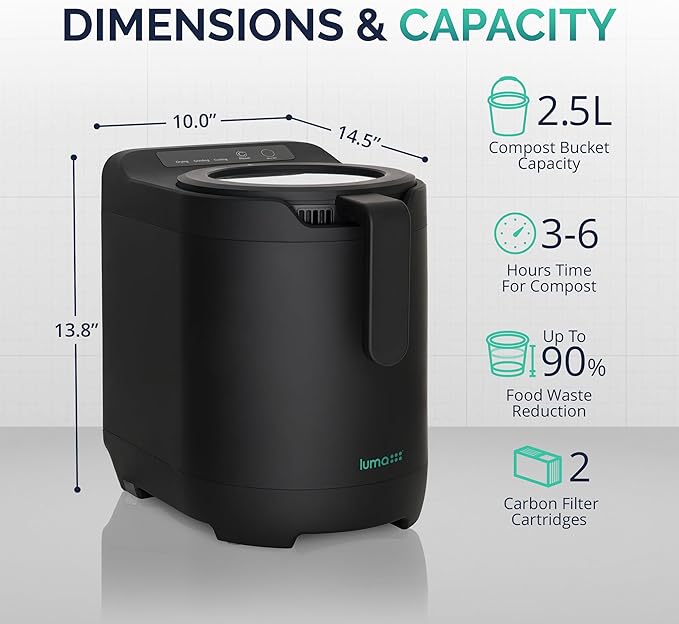 Luma® by Newair Electric Composter for Kitchen | 2.5L Odorless Kitchen Composter | Dishwasher Safe Indoor Compost Machine | 90% Volume Reduction in 3-6 Hours