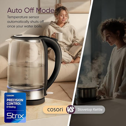 Cosori Electric Kettle, No Plastic Contact With Water, Wide Mouth For Easy Cleaning, Auto Shut Off, 1.7L Tea Kettle & Hot Water Boiler, Water Heater & Teapot, Borosilicate Glass, Black, 1500W