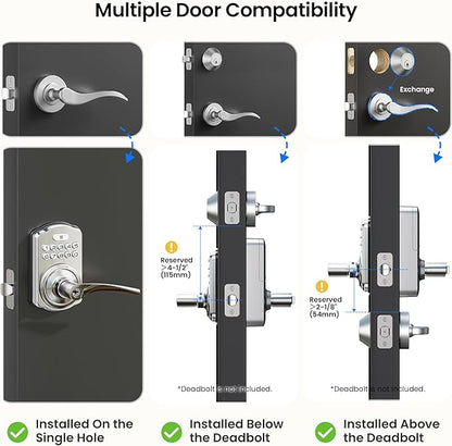 Veise Keypad Door Lock with Handle, Keyless Entry for Front Door & Bedroom, Electronic Lock with Code, Auto-Locking, Easy Installation, Passage Mode, Satin Nickel