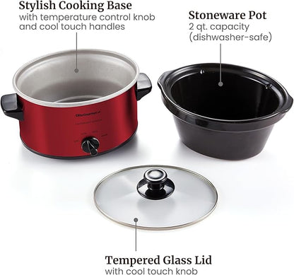 Elite Gourmet MST-275XR Electric Oval Slow Cooker, Adjustable Temp, Entrees, Sauces, Stews & Dips, Dishwasher Safe Glass Lid & Crock (2 Quart, Metallic Red)