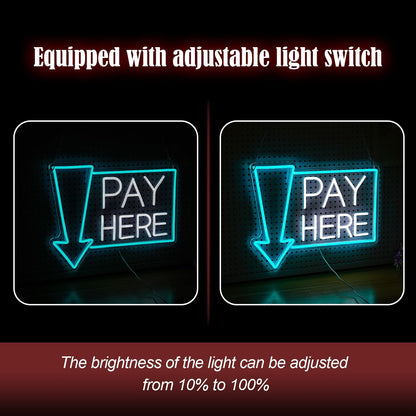 Pay Here Neon Sign Bright Ice Blue White Pay Light Up Sign for Business Decor Dimmable LED Words Neon Light for Restaurant Shop Bar Neon Wall Decor (16.5 * 12.8 In)