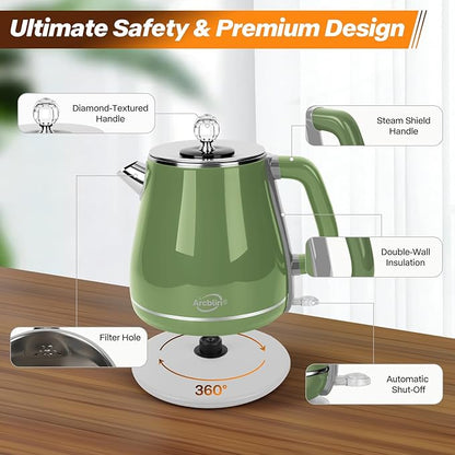 Retro Electric Kettle 1.8L, All Stainless Steel Hot Water Electric Kettle for Boiling Water, BPA Free Tea Kettle, 1350W Fast Boil, Auto Shut Off & Boil-Dry Protection