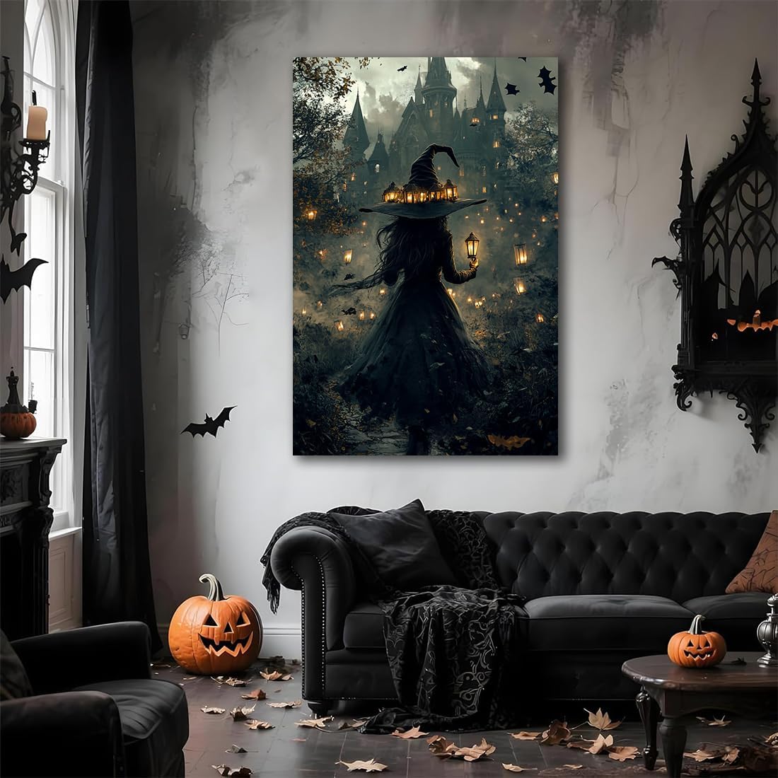 Halloween Witch and Haunted House Canvas Wall Art,Dark Academia Scary Witch Castle Posters Prints,Thriller Horror Gothic Wall Decor Pictures for Halloween Party House Decoration,24"x36" Framed