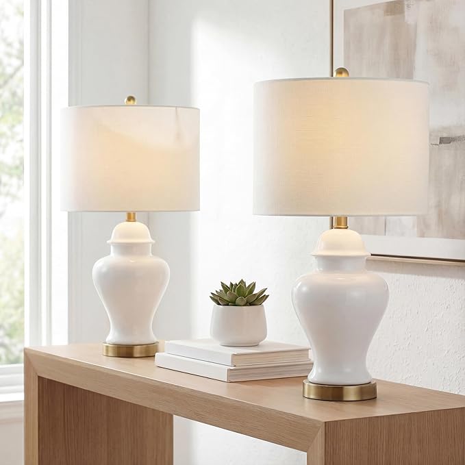 JONATHAN Y 22" White Ceramic Table Lamp Set of 2 for Bedroom Living Room, White Linen Shade, Traditional Ginger Jar Nightstand Lamp, Classic Cottage LED Lights (JYL6602C-SET2)