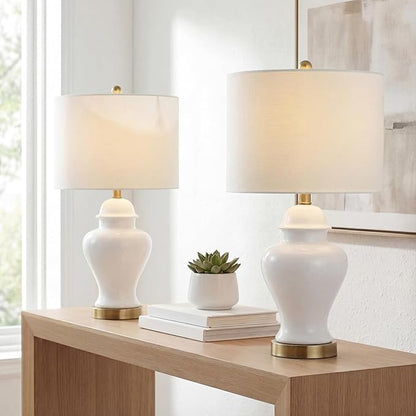 JONATHAN Y 22" White Ceramic Table Lamp Set of 2 for Bedroom Living Room, White Linen Shade, Traditional Ginger Jar Nightstand Lamp, Classic Cottage LED Lights (JYL6602C-SET2)