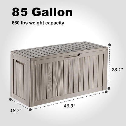 Vixzen 85 Gallon Resin Deck Box, Lockable Outdoor Storage Box for Patio Cushions Storage Furniture,Garden Tools, Pool Supplies, Weatherproof and UV Resistant-Grey
