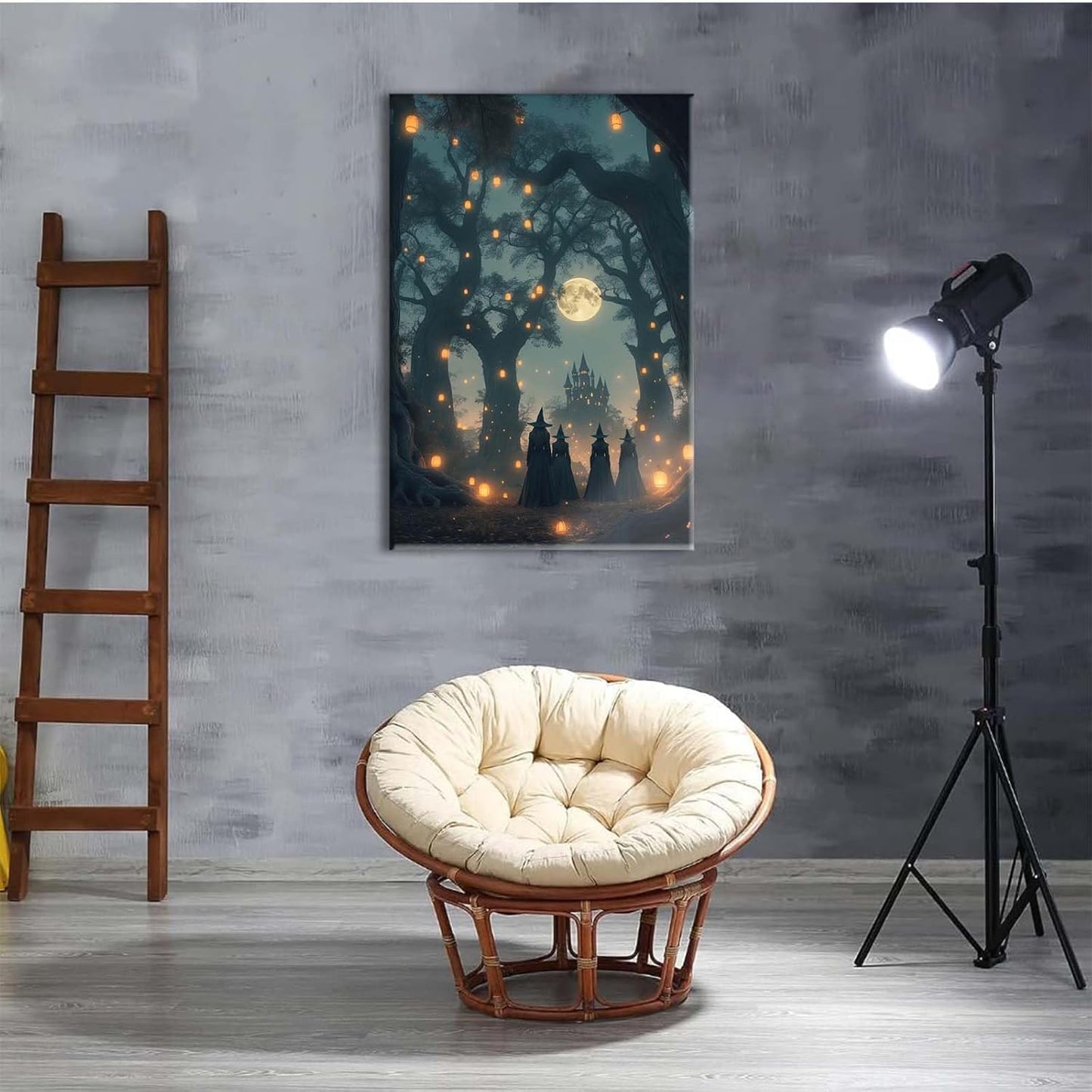 Mysterious creek painting witch and castle in magic forest art print canvas gothic print dark college decoration poster for home bedroom20x30in Wood Framed
