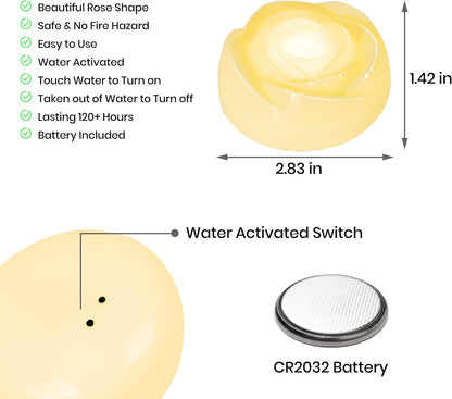 Aignis 12pcs Flameless LED Floating Candles, Ivory Rose Plastic Tealights Battery Operated, 120+ Hours Glow Time, Cozy Light for Romantic Pool/Bathtub/Hot Bath/Wedding Centerpiece Decor(D2.83*H1.42)