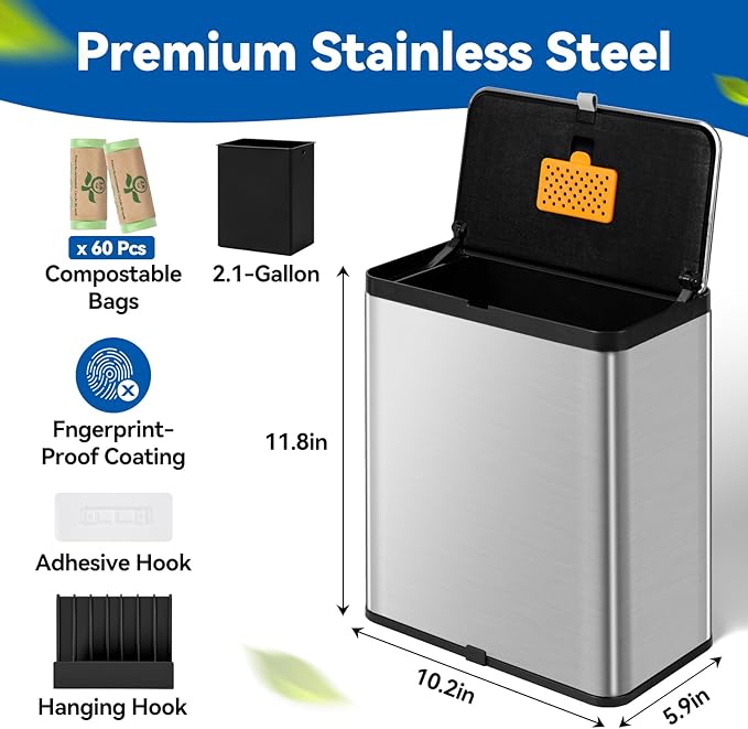 Compost Bin Kitchen, 2.1 Gallon Stainless Steel Trash Can with Lid for Countertop or Under Sink, Hanging Small Trash Bin, Removable Inner Bucket, Built-in Filter, 60 Compostable Garbage Bags