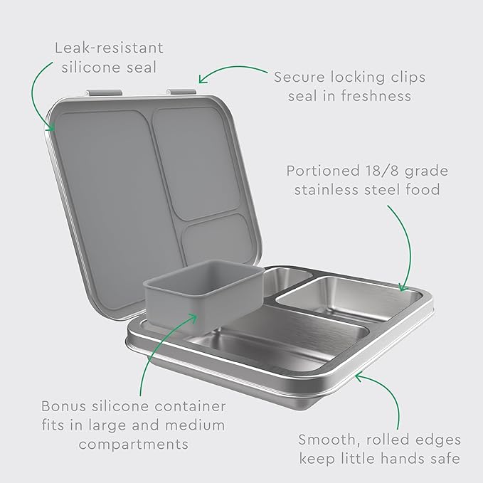 Bentgo Kids Stainless Steel Leak-Resistant Lunch Box - 3-Compartments with Bonus Silicone Container, Durable, Eco-Friendly, Dishwasher Safe, BPA-Free, Ideal for School, Ages 3+ (Silver)