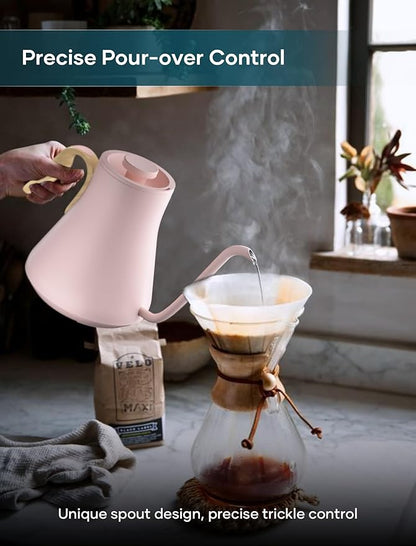Gooseneck Electric Kettle with ±1℉ Temperature Control for Pour Over Coffee & Tea, Quick Heating, BPA-Free Stainless Steel, Built-in Brew Timer, 1500W/0.9L (Munch Pink)