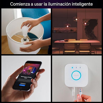 Philips Hue Essential Starter Kit: Bridge + 4 Essential E26 Smart Bulbs,White & Color Ambiance,2200K-6500K,Dimmable,Compatible with Alexa,Google,Samsung SmartThings,Apple Home