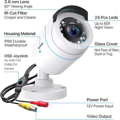 ZOSI 2MP 1080p HD Security Camera Outdoor Indoor 1920TVL (Hybrid 4-in-1 HD-CVI/TVI/AHD/960H Analog CVBS),24PCS LEDs,80ft Night Vision, 90°View Angle, Weatherproof Surveillance CCTV Bullet Camera