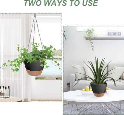 Hanging Planters for Indoor Outdoor Plants, 2 Pack Self Watering Hanging Pot with Drainage Holes & Removable Tray (Black, 8'')