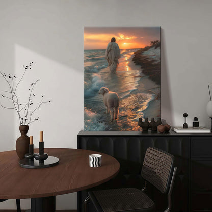 Framed Canvas Jesus and the Lamb Walking on the Beach Wall Decor Wall Art Gallery Decor Unique Print Wall Decor for Living Room Bedroom Church Home Decor 24x36 Inch Ready to Hang