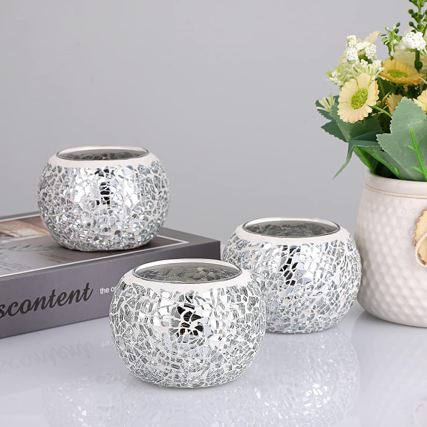 OwnMy 3PCS Mosaic Glass Tea Light Holders Round Bowl Votive Candle Holders Pillar Candle Stands, Silver Glass Mosaic Tealight Holders Potted Plant Bowl Vase Candle Centerpiece for Dining Table Wedding