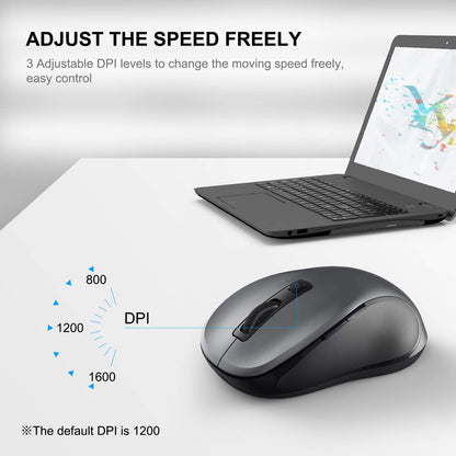 WisFox 2.4G Wireless Mouse for Laptop, Ergonomic Computer Mouse with USB Receiver and Type-C Adapter, 3 Adjustable Levels DPI, 6 Button Cordless Wireless Mice (Grey)