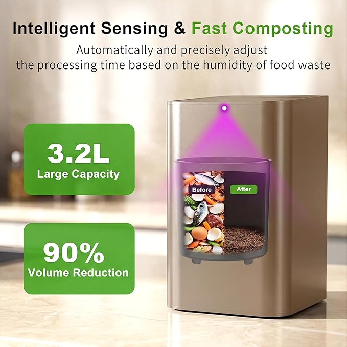 Electric Composter for Kitchen, 3.2L Smart Odorless Compost Bin, Low Noise & Odorless, Indoor Countertop Food Waste Composter with LED Display, One-Touch Operation, Auto-Cleaning, EC04