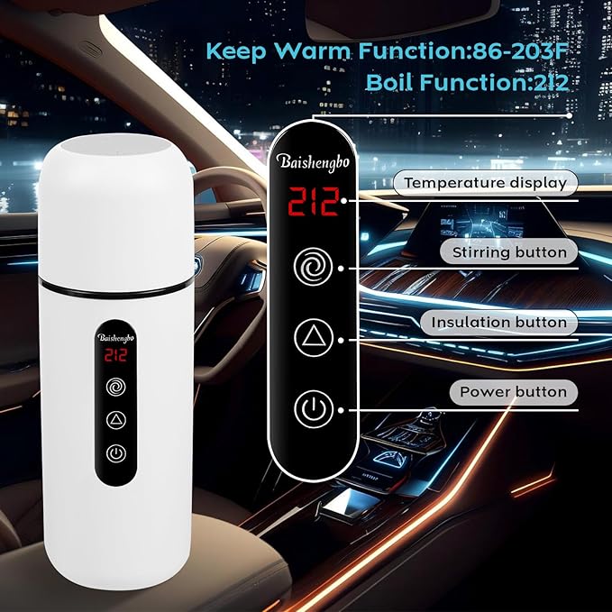 Car Kettle, Portable Electric Travel Kettle, 12V/24V Car Coffee Warmer,420ML Hot Water Heater with Built-in Magnetic Induction Stirring,Mini Hot Water Boiler for Tea Coffee Milk