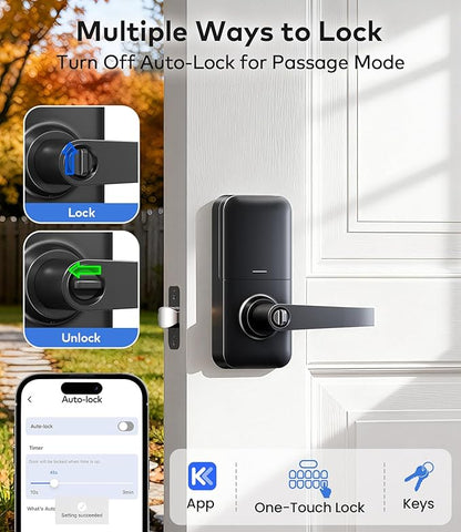 TEEHO TE019 Smart Keyless Entry Door Lock with Handle, App Control, Digital Electronic Keypad, Remote One-Time Code Sharing, Auto Lock & Passage Mode, for Bedroom & Rental, Matte Black