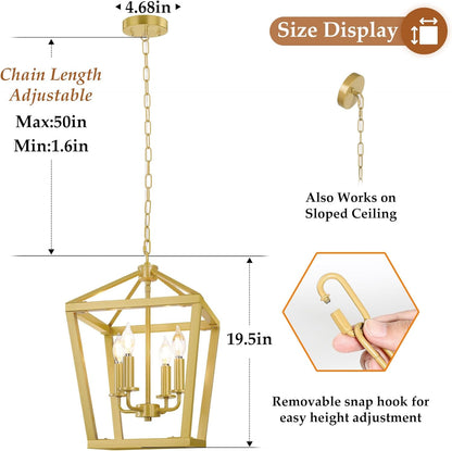 Gold Chandelier 4-Light, Farmhouse Pendant Light Fixture Adjustable Height, Modern Dining Room Light Fixture, Lantern Ceiling Hanging Lighting with Metal Cage for Kitchen Island Entryway Foyer