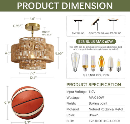 12.4” Boho Rattan Chandelier Light Fixture, 1-Light Hand Woven Pendant Light Fixture Farmhouse Rustic Hanging Lamp for Kitchen Island Bedroom, Dining Room, Living Room, Entryway, Foyer