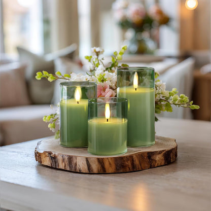 Homemory Green Glass Flameless Candles, Battery Operated LED Pillar Candles with Remote Control and Timer, Radiance Candles, Real Wax, Set of 3,D3 xH4 5" 6"