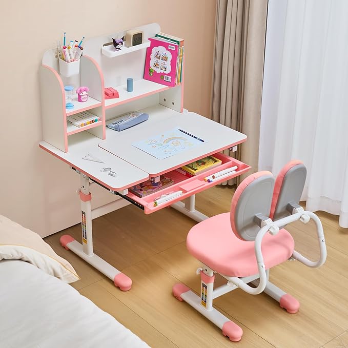 VEVOR Kids Study Chair and Desk Set, Study Desk and Chair for Kids with Bookshelf & Storage Drawer, Adjustable Height & 0-40° Tilted Desktop Desk and Chair, Study Table for Bedroom & Study Room, Pink