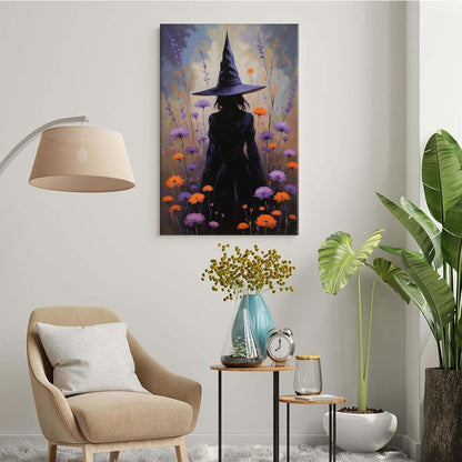 Country wildflower witch canvas print halloween mashup art witch purple decoration bohemian elegant art poster8x12in Wood Framed