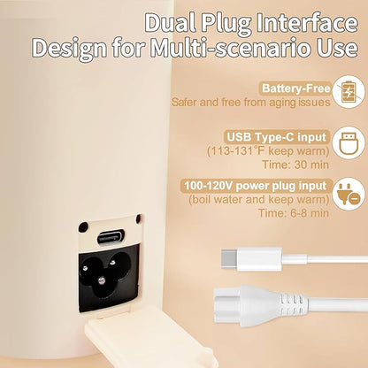 Travel Mini Kettle Portable Electric Kettle with Plug-in Boiling & Keeps Warm via USB, Small Water Boiler with 4 Temperature Settings, 304 Stainless Steel with Auto Shut-off 16oz(Beige)