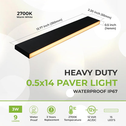 LUMENGY Paver Light Slim 0.5x14 Inch(0.55 x 13.77 inches) Glare-Free Steel Lighting for Pavers, Brick, Walls, Driveways, Walkways & Pathways, 2700K Warm White, Waterproof, Drive-Over, 12V AC/DC Wired.