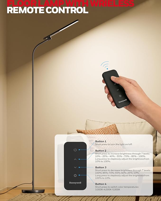 Honeywell F4 Sunturalux™ LED Floor Lamp with Wireless Remote, CRI 97 Full-Spectrum Dimmable Reading Light, Flexible Gooseneck Task Lamp, 77.5" Tall Standing Lamp