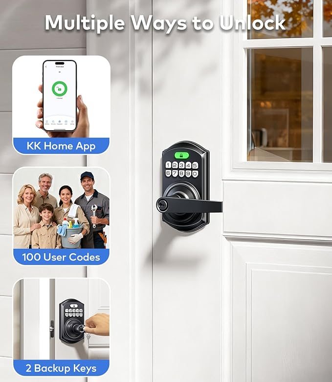 TEEHO TE019 Smart Keyless Entry Door Lock with Handle, App Control, Digital Electronic Keypad, Remote One-Time Code Sharing, Auto Lock & Passage Mode, for Bedroom & Rental, Matte Black