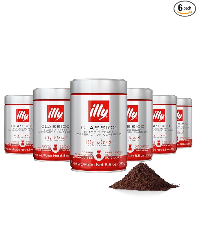 Illy Ground Drip Coffee - Classico Medium Roast - Mild & Balanced - 100% Arabica - Pre-Ground for Drip Pour Over - Pressurized Packaging Sealed for Freshness - 8.8oz (Pack of 6)