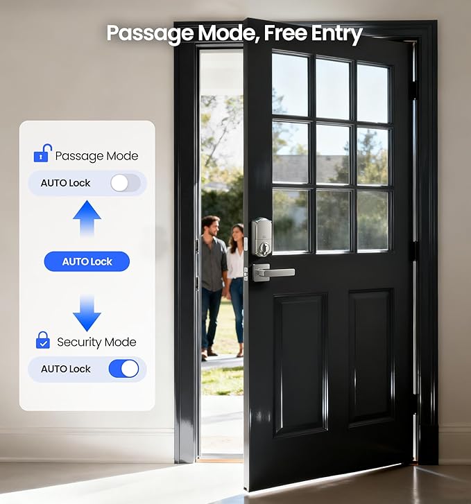 Veise VE017-B Fingerprint Smart Lock for Front Door, App Control, 8-in-1 Keyless Entry Deadbolt with 2 Zinc Alloy Lever Handles Set, Emergency Power Port, Auto Lock, Electronic Keypad, Satin Nickel