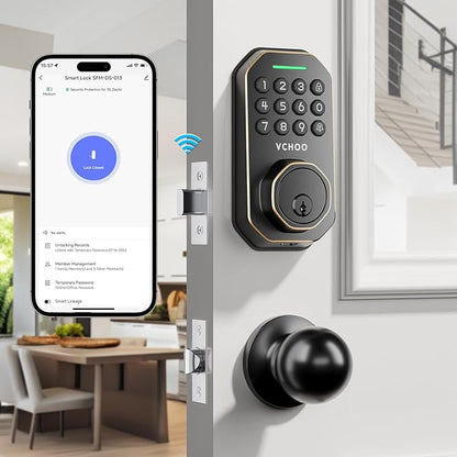 Keyless Entry Door Lock Set WiFi Smart App Control Door Lock for Front Door Keypad Deadbolt with 2 Knobs Auto Lock One Time Codes Easy Install, Bronze