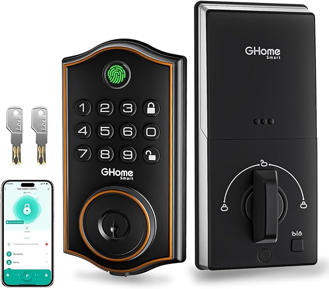 GHome Smart deadbolt Lock, Keyless Entry Door Lock for Front Door, App Remote, Auto Lock, Easy Installation, Fingerprint Door Lock with Keypad for Home, Airbnb, Apartment, Garage, Black