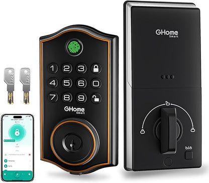 GHome Smart deadbolt Lock, Keyless Entry Door Lock for Front Door, App Remote, Auto Lock, Easy Installation, Fingerprint Door Lock with Keypad for Home, Airbnb, Apartment, Garage, Black
