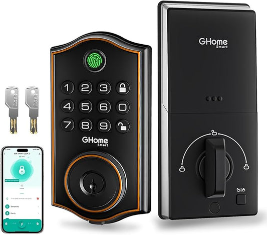 GHome Smart deadbolt Lock, Keyless Entry Door Lock for Front Door, App Remote, Auto Lock, Easy Installation, Fingerprint Door Lock with Keypad for Home, Airbnb, Apartment, Garage, Black