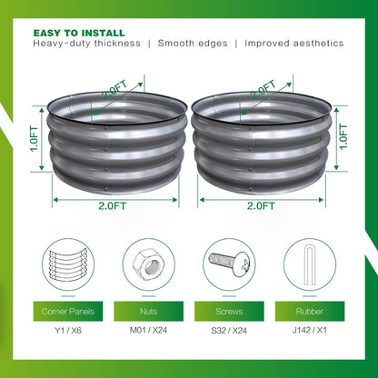 GARDMAX 2 Pack 2x2x1FT Galvanized Round Raised Garden Bed Kit, Metal Planter Boxes Outdoor with Easy Assembly, Large Garden Bed for Vegetables, Fruits, Flower, Herbs Silver