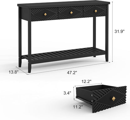 47" Console Table with 3 Drawers, Fluted Narrow Long Entryway Table with Storage Shelf, Accent Table for Entryway, Living Room, Behind Couch, Foyer, Hallway, Office