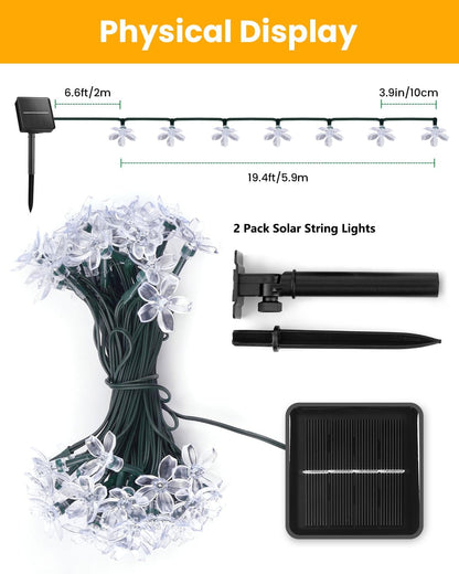 Brightown 2 Pack Total 52FT 120 LED Solar String Lights Flower Outdoor Waterproof Fairy Lights for Garden Yard Fence Patio Christmas Tree Wedding Party Decor, Pure White