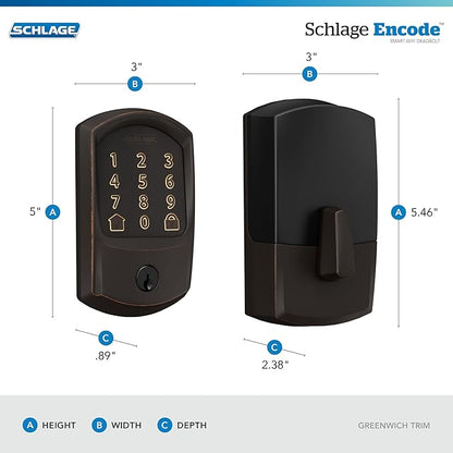 SCHLAGE BE489WB GRW 716 Encode WiFi Deadbolt Smart Lock, Keyless Entry Touchscreen Door Lock with Greenwich Trim, Aged Bronze