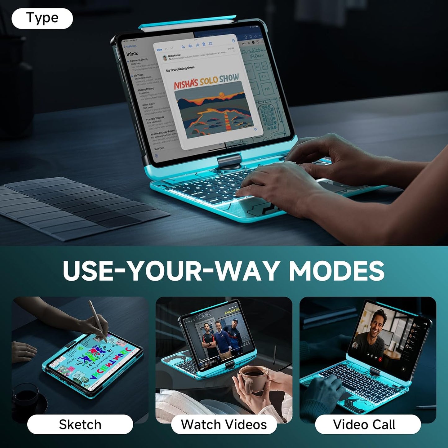 Transparent Case with Keyboard for iPad 9th (7th, 8th, and 9th Gen) 10.2 Inch,with 7-Color Backlit Wireless Keyboard,360°Rotatable Protective Case Multi-Touch Trackpad,with Pencil Holder,Blue