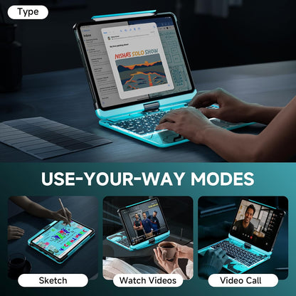 Transparent Case with Keyboard for iPad 9th (7th, 8th, and 9th Gen) 10.2 Inch,with 7-Color Backlit Wireless Keyboard,360°Rotatable Protective Case Multi-Touch Trackpad,with Pencil Holder,Blue
