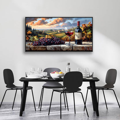HUADAOART Kitchen Wall Decor Framed Canvas Print Grape Wine Glass Estate Wall Art for Restaurant Rural Landscape Pictures Office Home Decoration 20 x 40 inches Ready to Hang