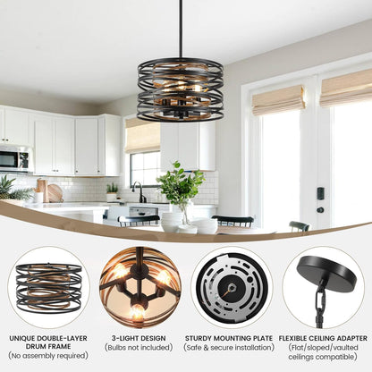 Farmhouse Chandelier, Dining Room Light Fixture, 3-Light Modern Black Pendant Light Fixture, Rustic Industrial Ceiling Hanging Light Fixture for Entryway Foyer Kitchen Over Table Hallway