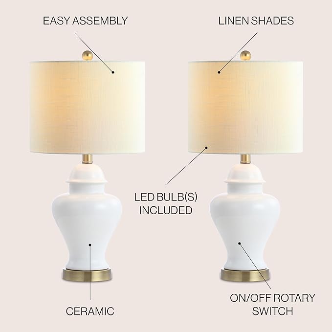 JONATHAN Y 22" White Ceramic Table Lamp Set of 2 for Bedroom Living Room, White Linen Shade, Traditional Ginger Jar Nightstand Lamp, Classic Cottage LED Lights (JYL6602C-SET2)