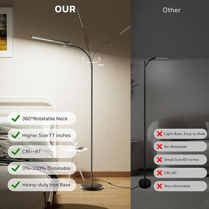 Honeywell F4 Sunturalux™ LED Floor Lamp, CRI 97 Full-Spectrum Eye-Caring Light, Stepless Dimmable Task Lamp with Flexible Gooseneck, 77.5" Tall Reading Lamp for Living Room & Office