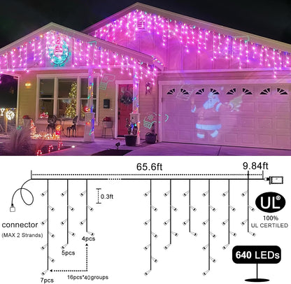Icicle Christmas Lights Outdoor 66ft 640 LED Pink Christmas Lights for Outside 8 Modes with 120 Drops, Waterproof Icicle Light Plug in for Indoor Party House Christmas Decorations